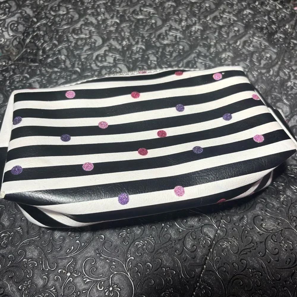 Striped Cosmetic Pouch with Pink and Purple Glitter Dots EPC